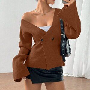 Brown Casual Women's Button Front Long Sleeve knit cardigan